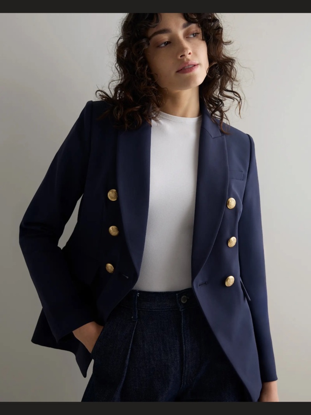 Quince Navy Double-Breasted Blazer with Gold Buttons
